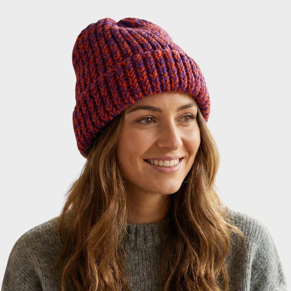 Handmade Knit Beanie Hat Purple Red Variegated